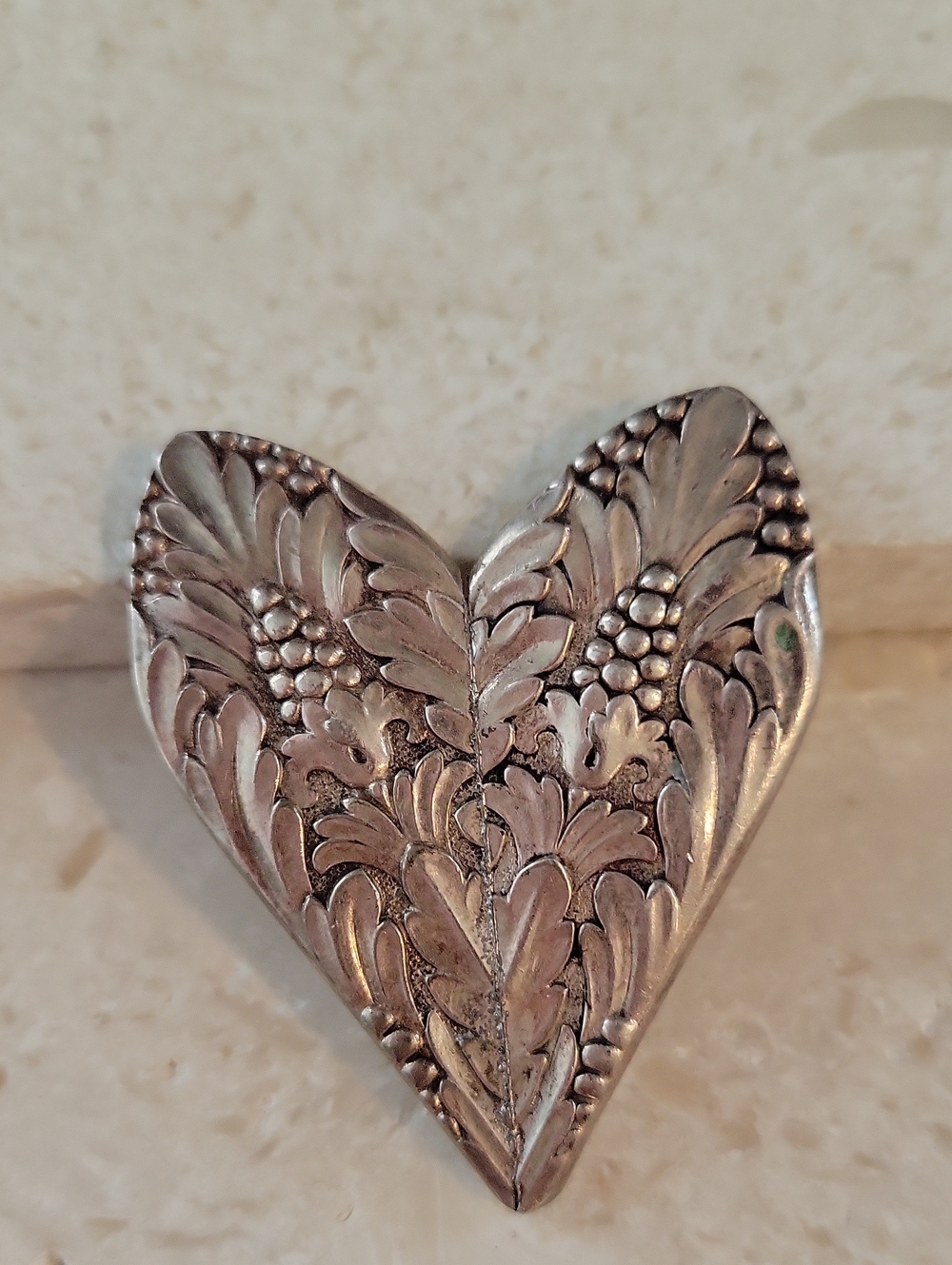 Hand Crafted Silver-Tone Heart Floral Brooch